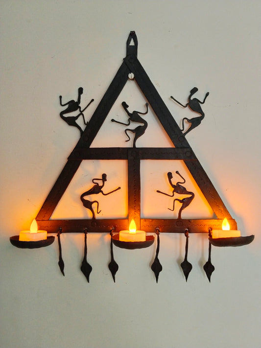 Single Panel wrought iron laman diya - Triangle -T- 3 Candles (Tribal Dancing Women)