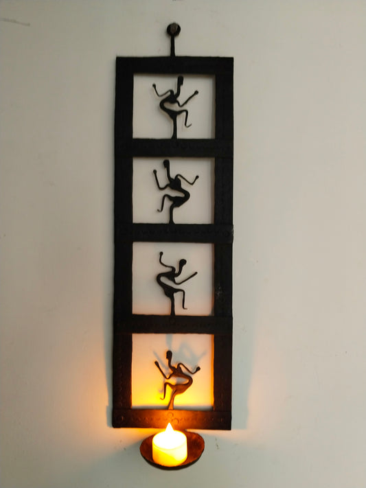 Single Panel wrought iron laman diya - Rectangle - Tribal Dancing Women - 1 Candle