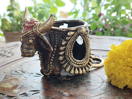 Handcrafted Dhokra Brass - colored Bull Head Design Pen Holder/ Penstand