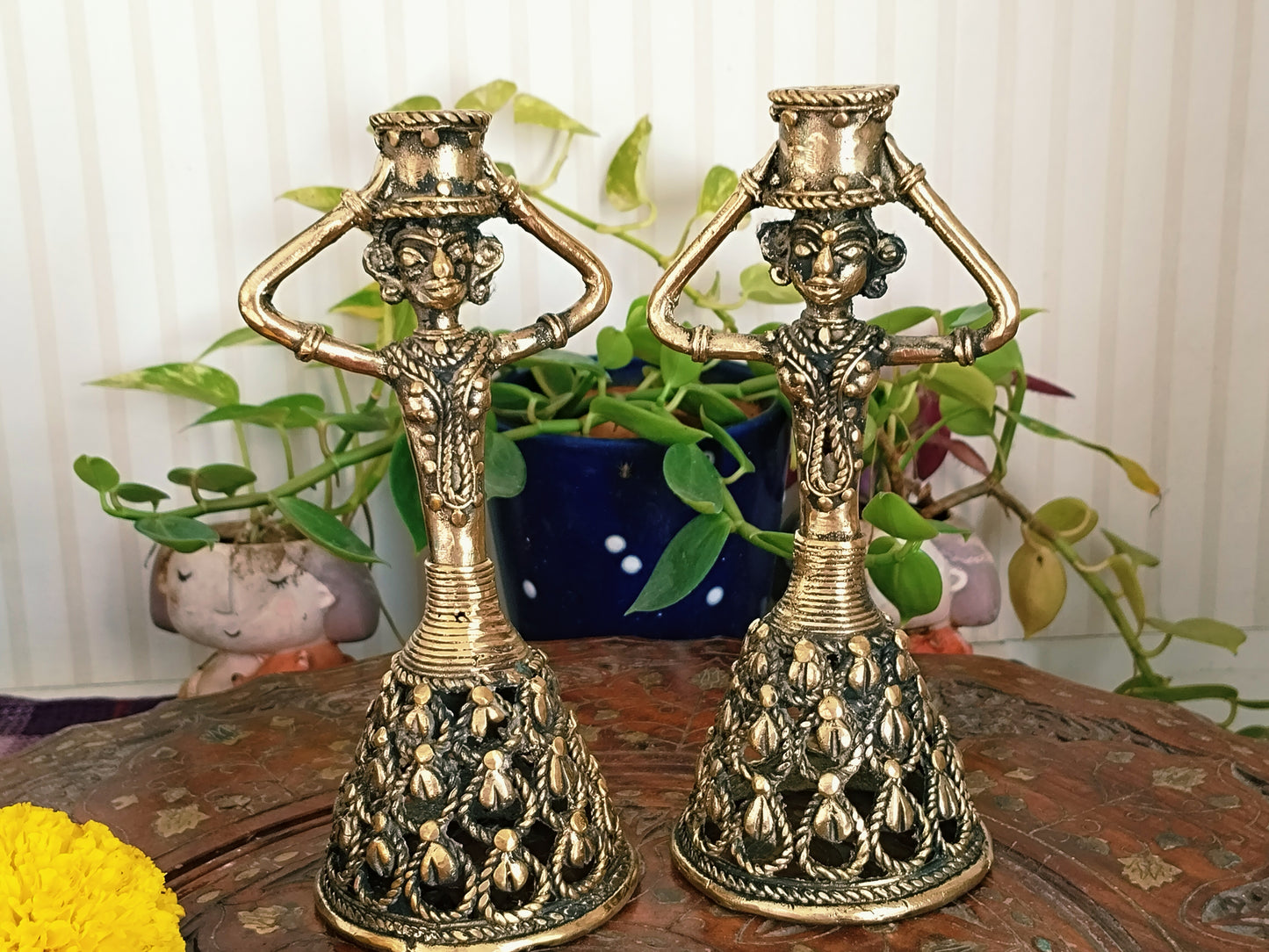 Tribal Woman Candle Holder (Kalash on Lady Head) Pair - Handcrafted Brass Dhokra Art. (Copy)