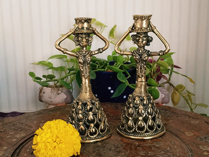 Tribal Woman Candle Holder (Kalash on Lady Head) Pair - Handcrafted Brass Dhokra Art. (Copy)