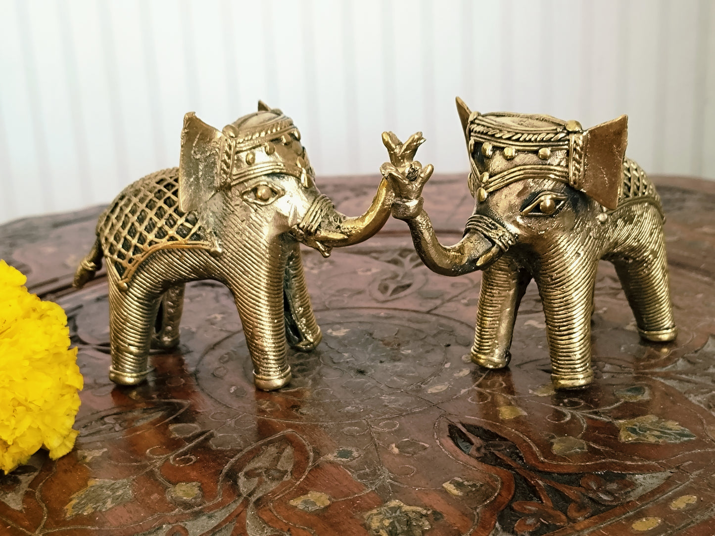 Handcrafted Dhokra Art - Brass Elephant Pair Standing Trunk Up Statue - Decorative Art/ Showpiece