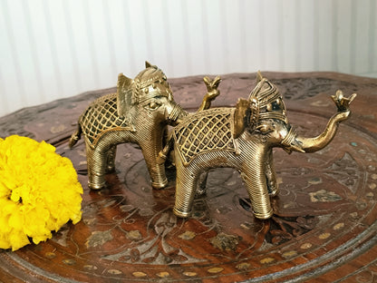 Handcrafted Dhokra Art - Brass Elephant Pair Standing Trunk Up Statue - Decorative Art/ Showpiece