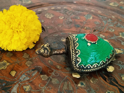 Vastu Dhokra Brass Green Tortoise Figurine Green - Medium