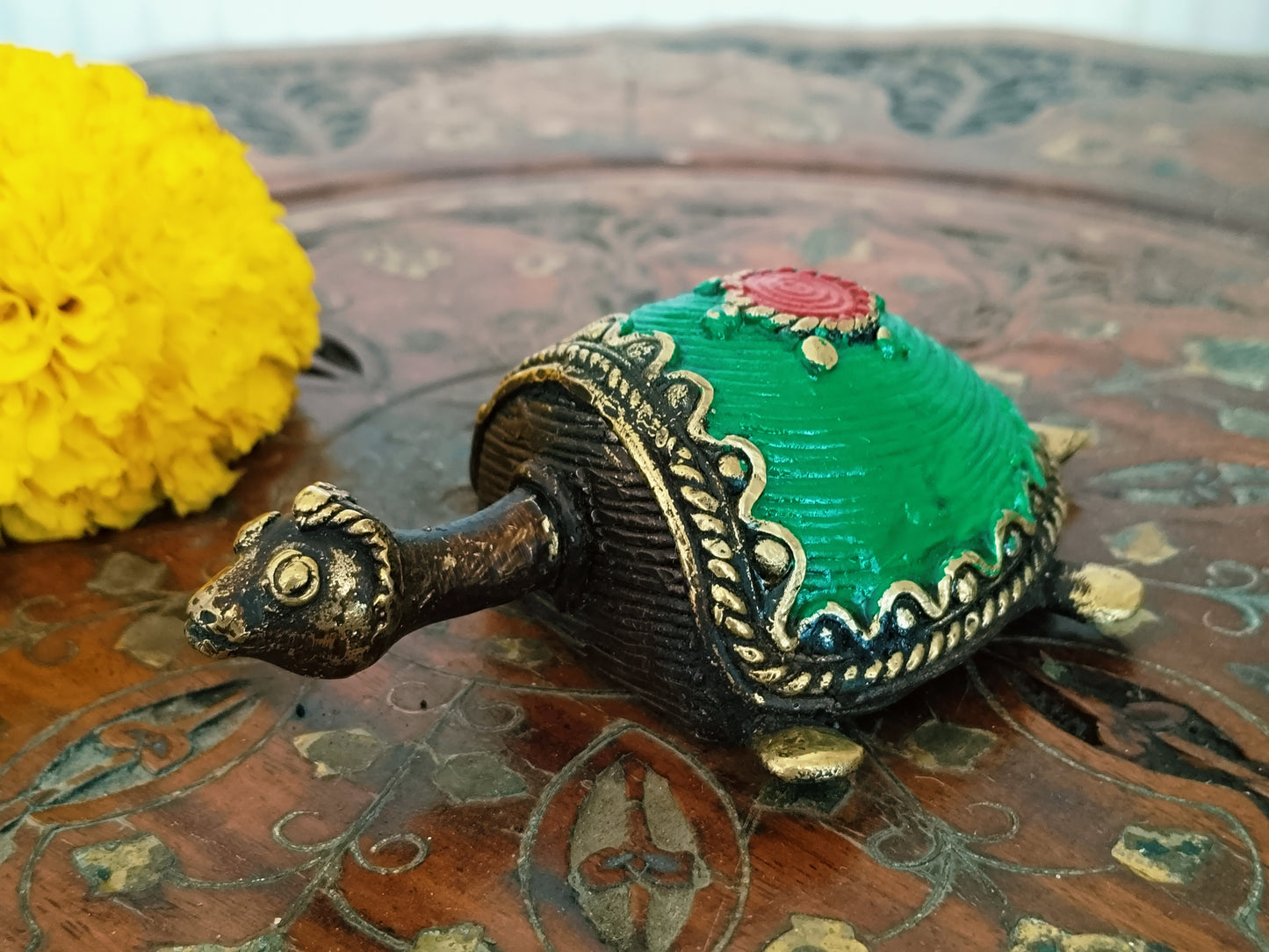 Vastu Dhokra Brass Green Tortoise Figurine Green - Medium