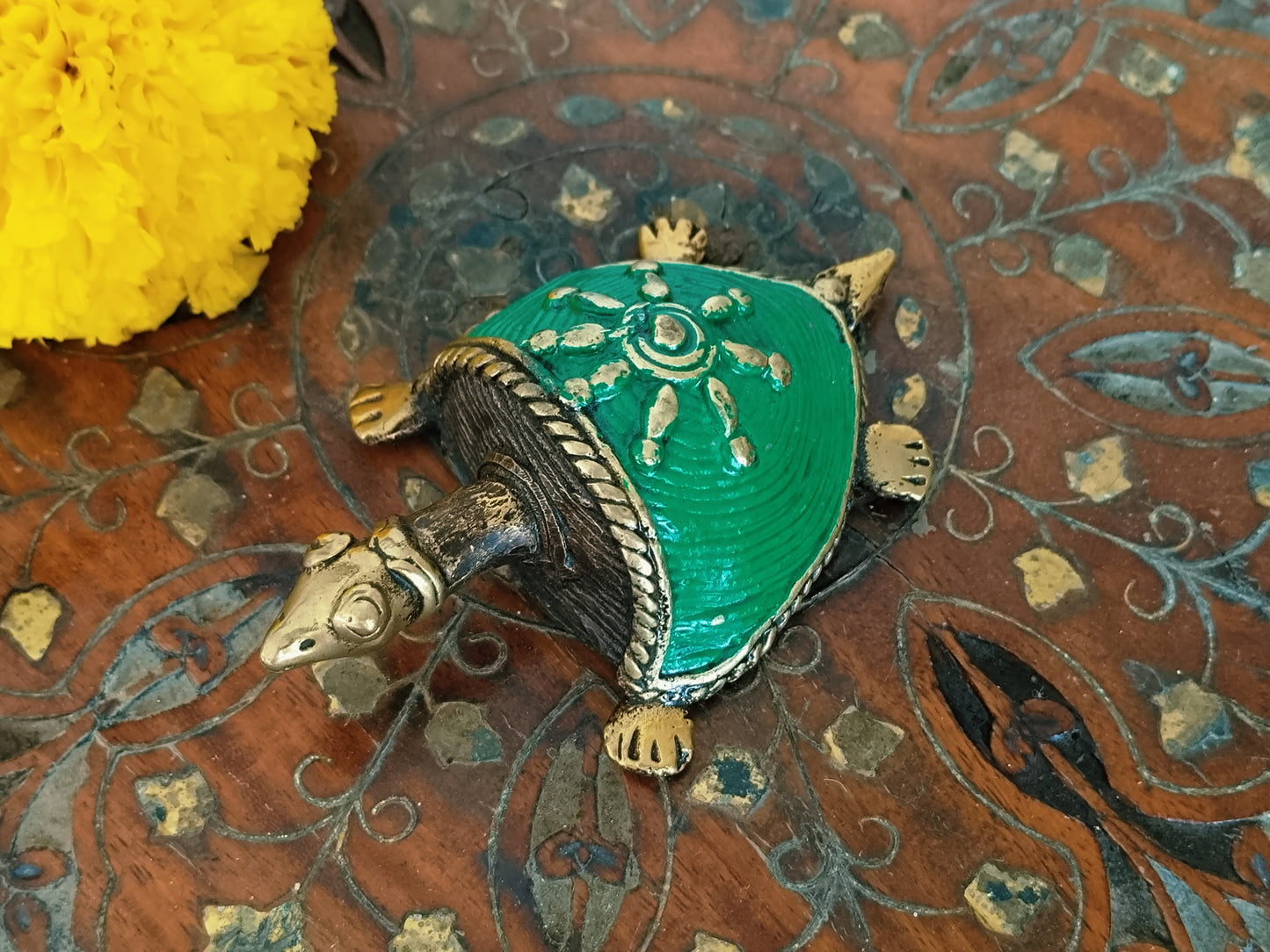 Vastu Dhokra Brass Green Tortoise Figurine -SMALL