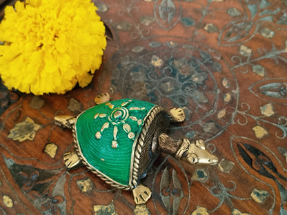 Vastu Dhokra Brass Green Tortoise Figurine -SMALL