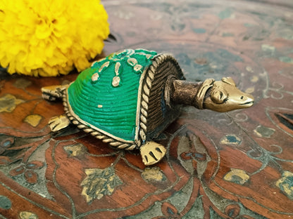 Vastu Dhokra Brass Green Tortoise Figurine -SMALL