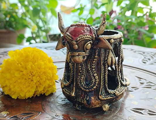 Handcrafted Dhokra Art Brass - Colored Bull Head Pen Holder