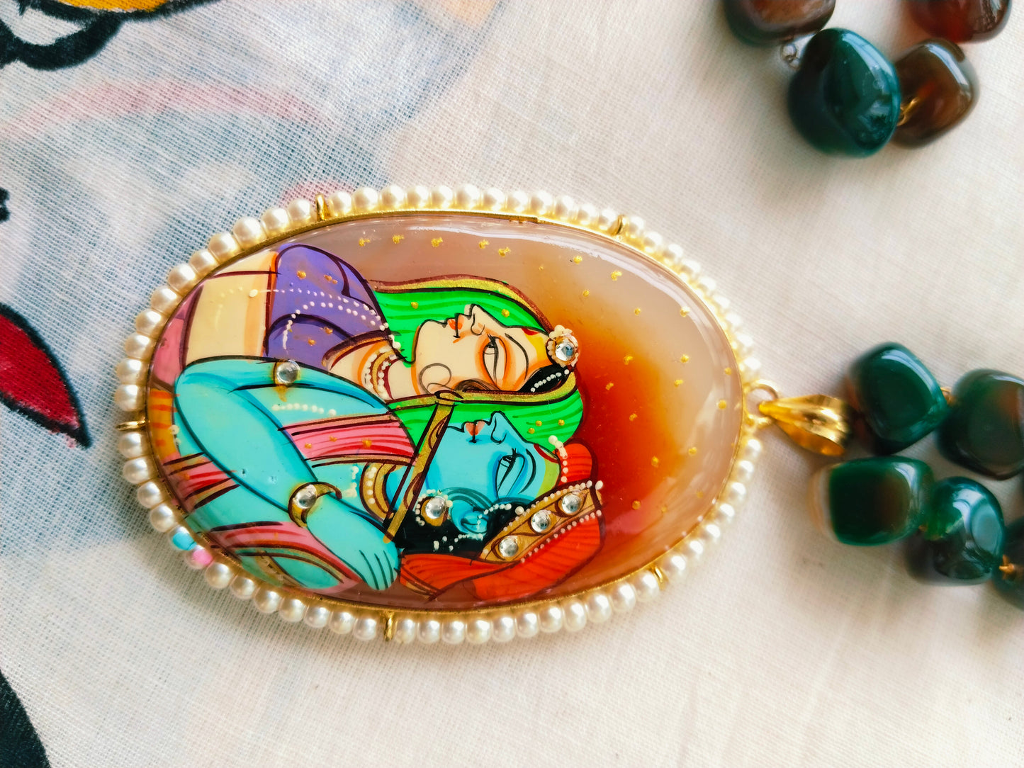 Advaita Handcrafts - Hand-painted Radha Krishna Pearl Pendant.