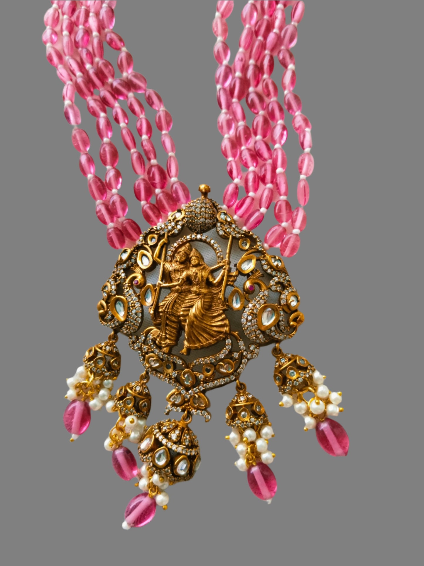 Advaita Handcrafts - Radha Krishna Pendant with Brass and Pink Beads.