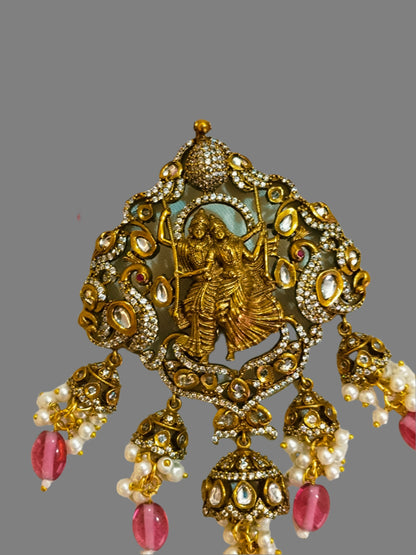 Advaita Handcrafts - Radha Krishna Pendant with Brass and Pink Beads.