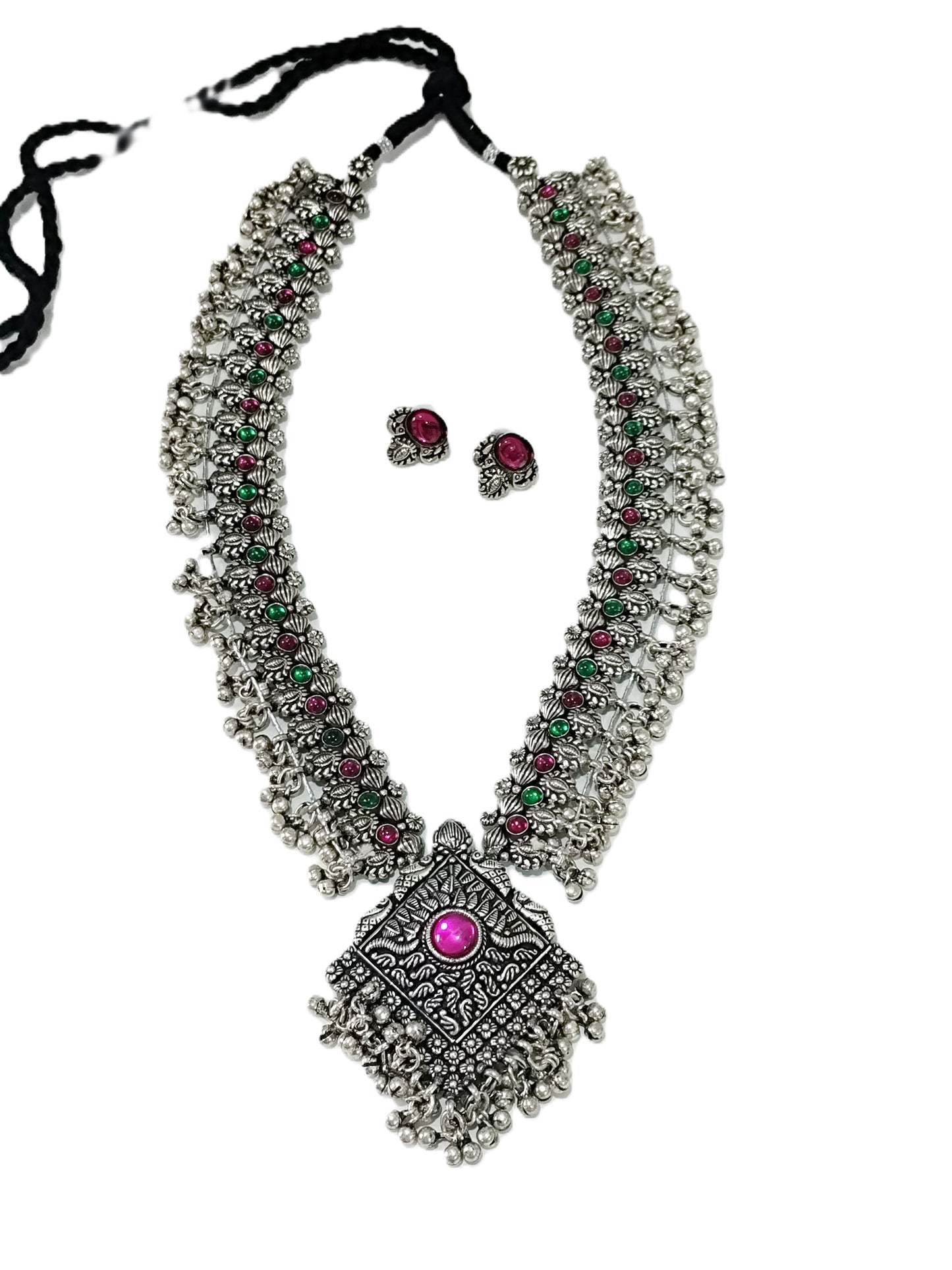 Advaita Handicrafts Long German Silver Oxidized Diamond Pendant Jewelry Set