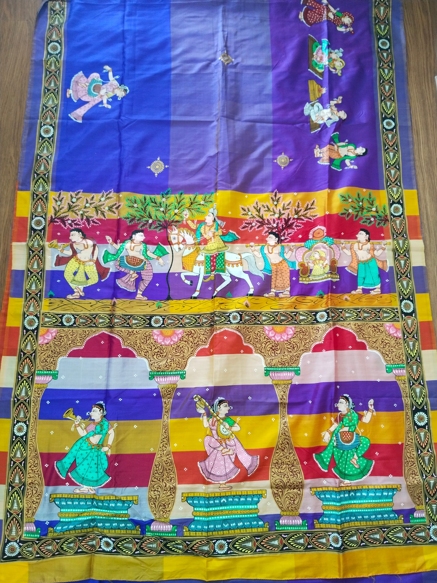 Pure Mulberry Silk Patachitra Bridal Celebration Saree - Blue & Multicolor