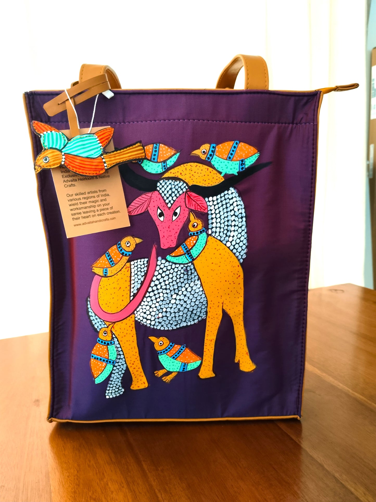 Advaita Handicrafts - Hand-painted Leather Tote Bag - Tan with Gond Art