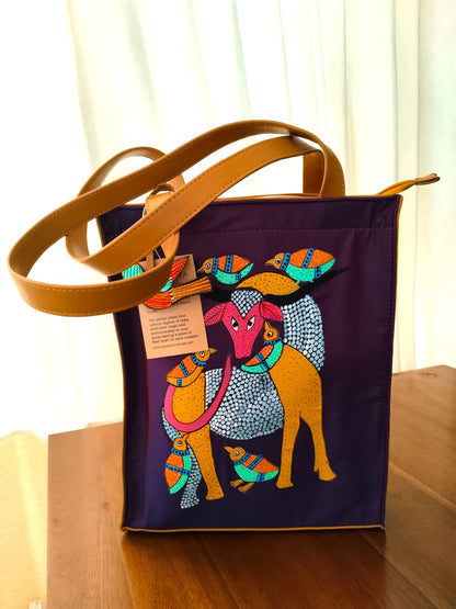 Advaita Handicrafts - Hand-painted Leather Tote Bag - Tan with Gond Art