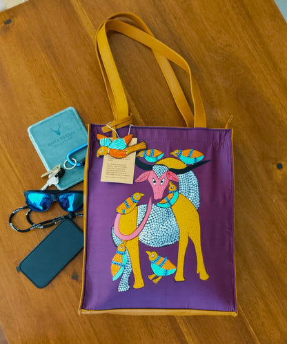 Advaita Handicrafts - Hand-painted Leather Tote Bag - Tan with Gond Art