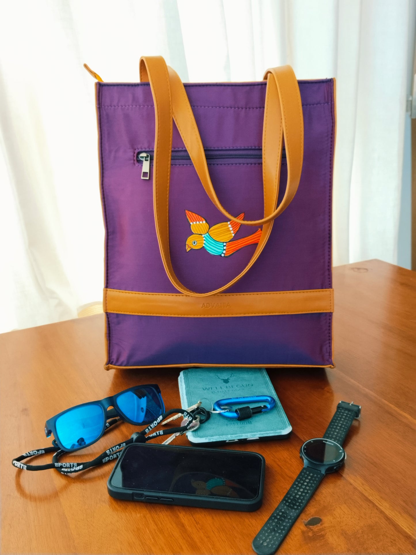 Advaita Handicrafts - Hand-painted Leather Tote Bag - Tan with Gond Art