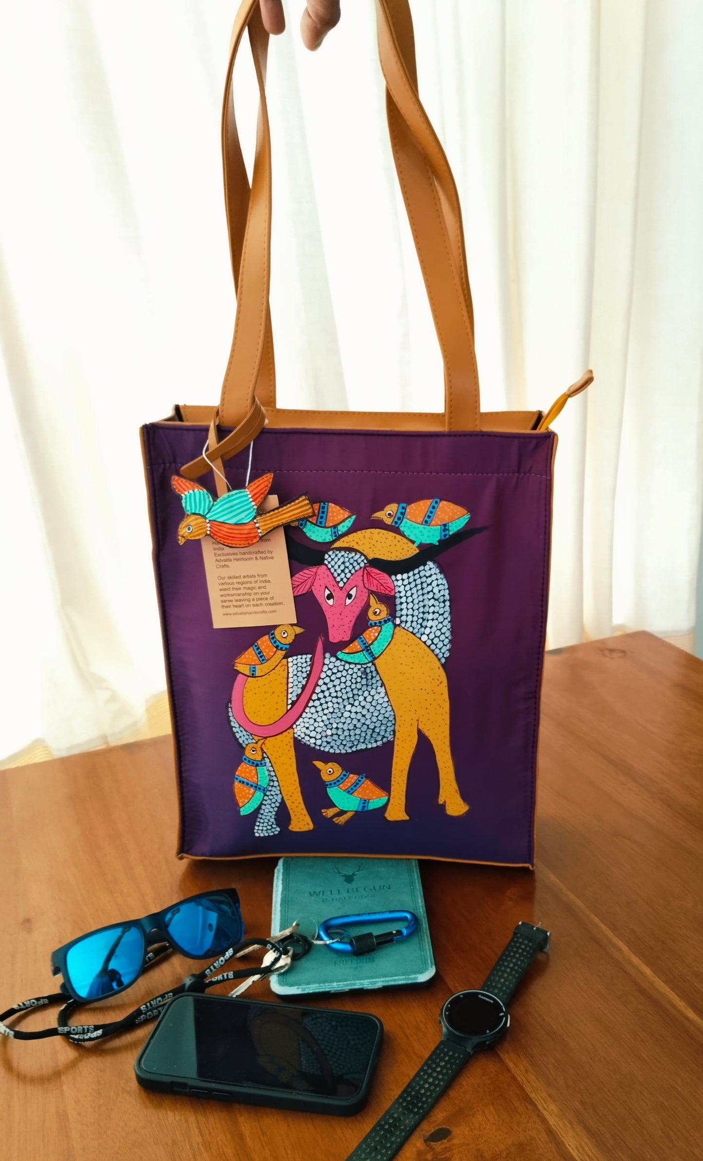 Advaita Handicrafts - Hand-painted Leather Tote Bag - Tan with Gond Art