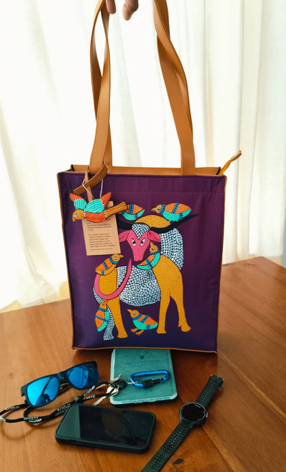 Advaita Handicrafts - Hand-painted Leather Tote Bag - Tan with Gond Art