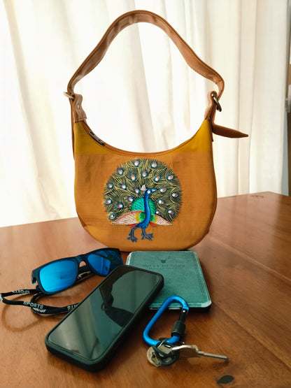 Advaita Handicrafts - Hand-painted Yellow Zari Panel Hand (arm) Bag