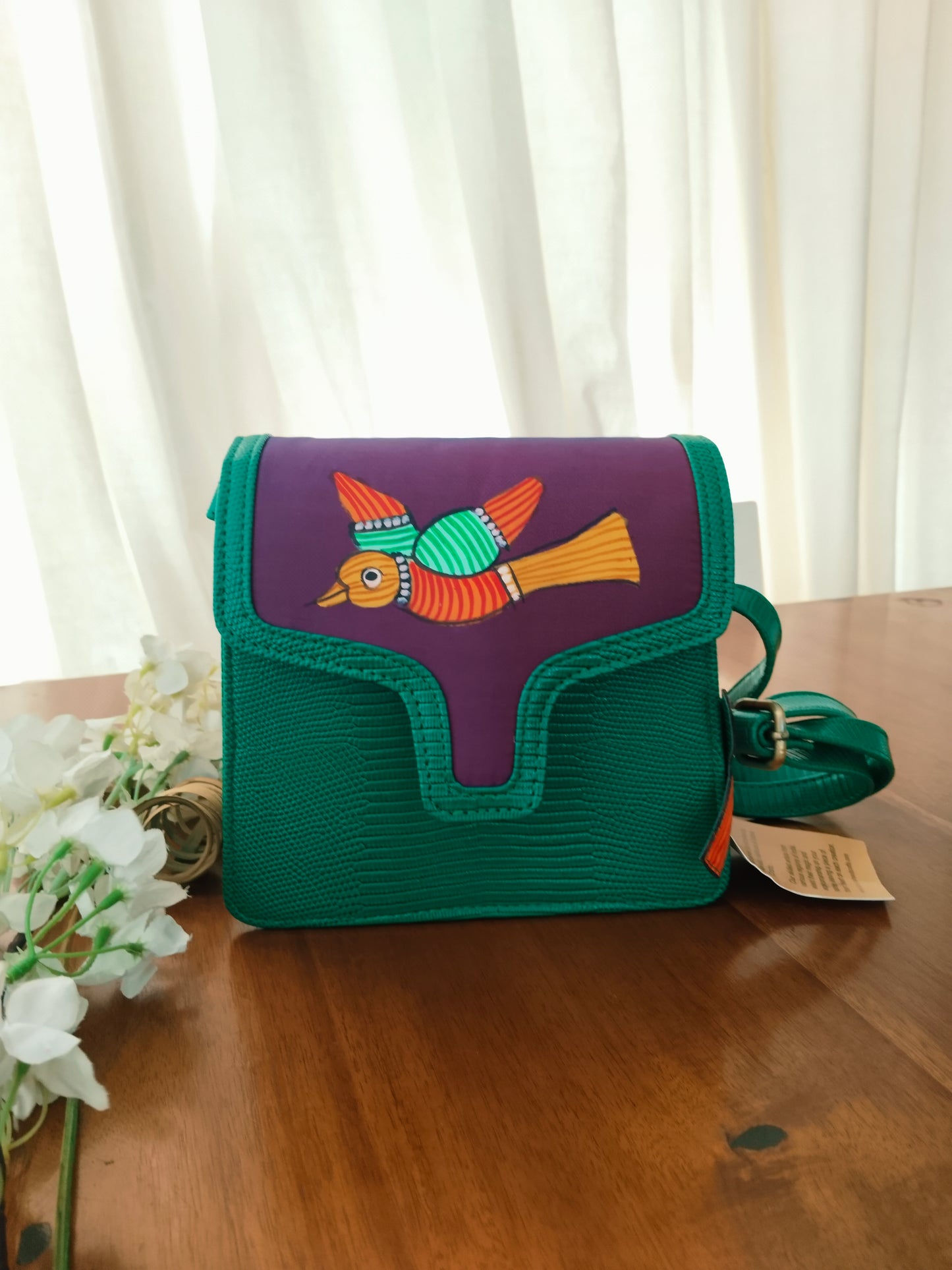 Advaita Handicrafts - Hand-painted Leather Sling Purse - Green Gond Art