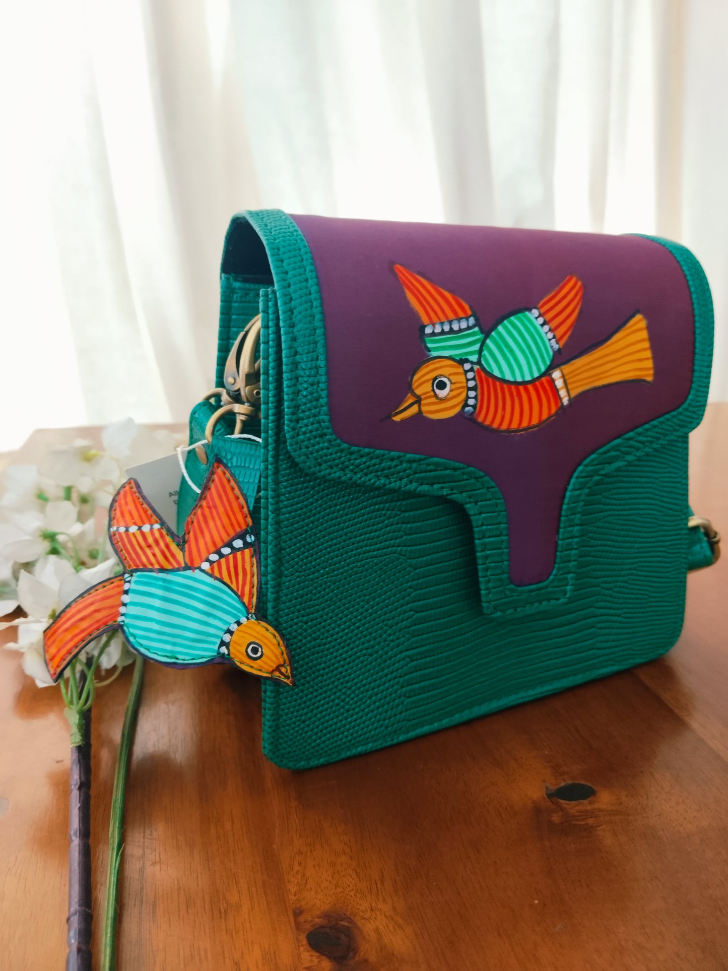 Advaita Handicrafts - Hand-painted Leather Sling Purse - Green Gond Art