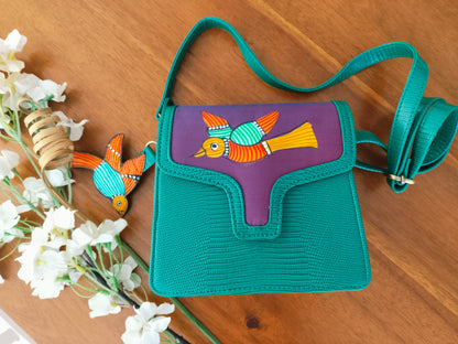 Advaita Handicrafts - Hand-painted Leather Sling Purse - Green Gond Art