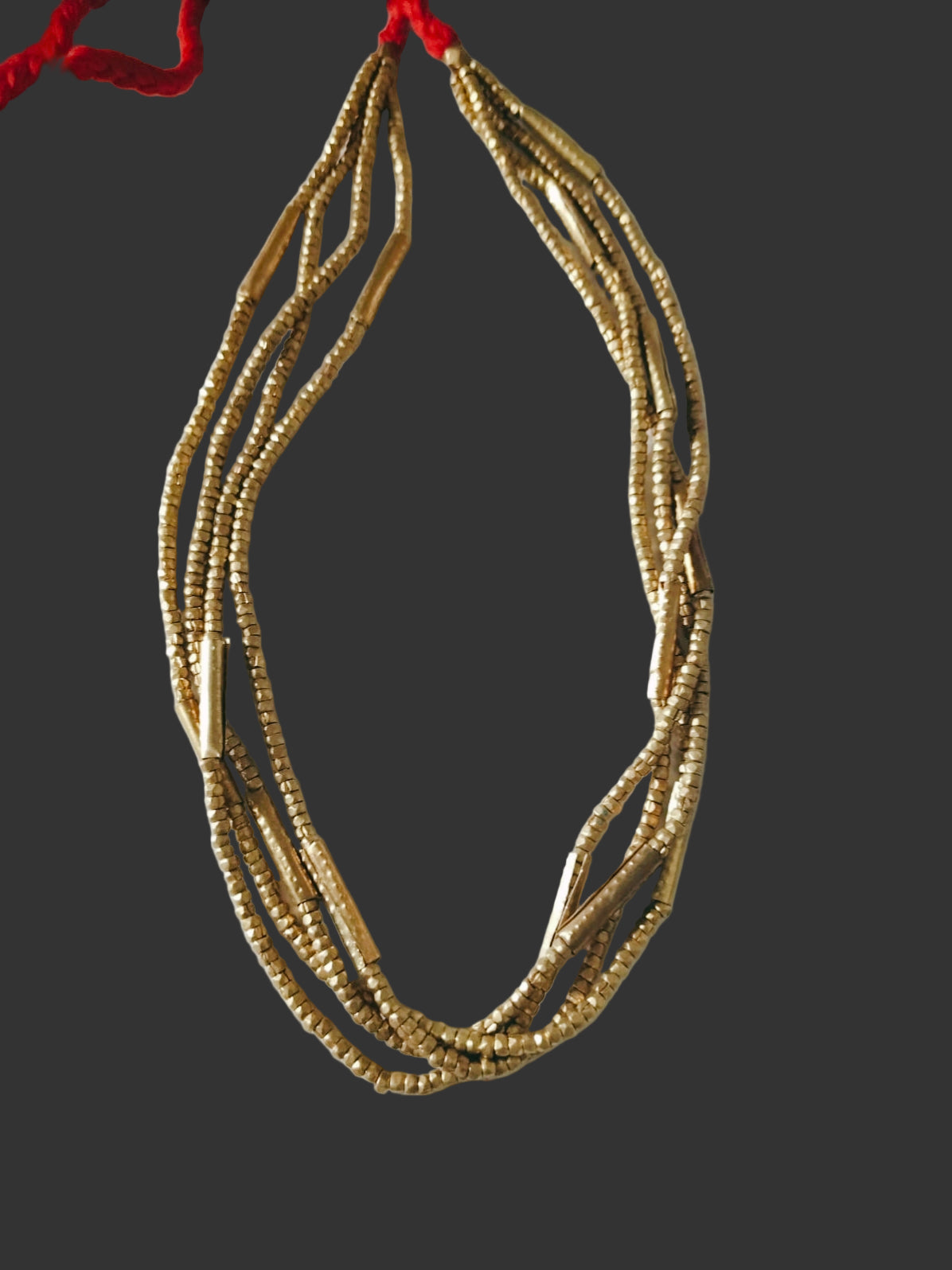 Layered Gold Bead Necklace with Red Thread Tie