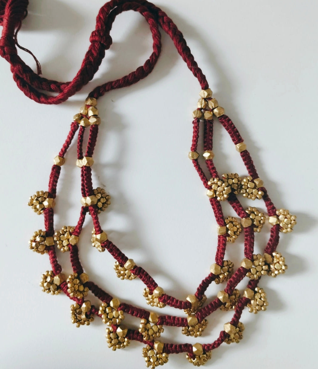 Multi-Layer Maroon Thread Necklace with Golden Bead Clusters