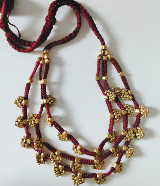 Multi-Layer Maroon Thread Necklace with Golden Bead Clusters