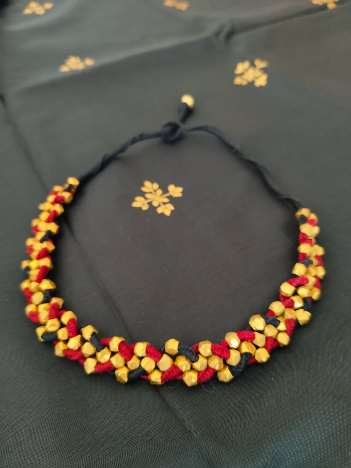 Handwoven Red & Black Thread Plaited Choker with Golden Beads