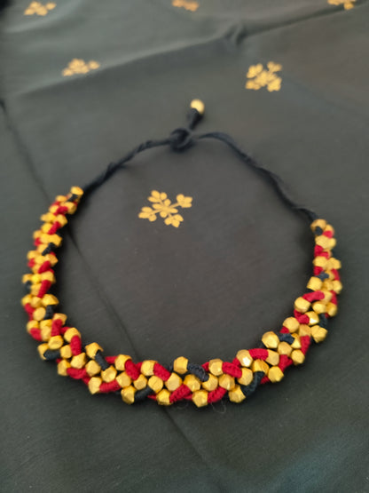 Handwoven Red & Black Thread Plaited Choker with Golden Beads