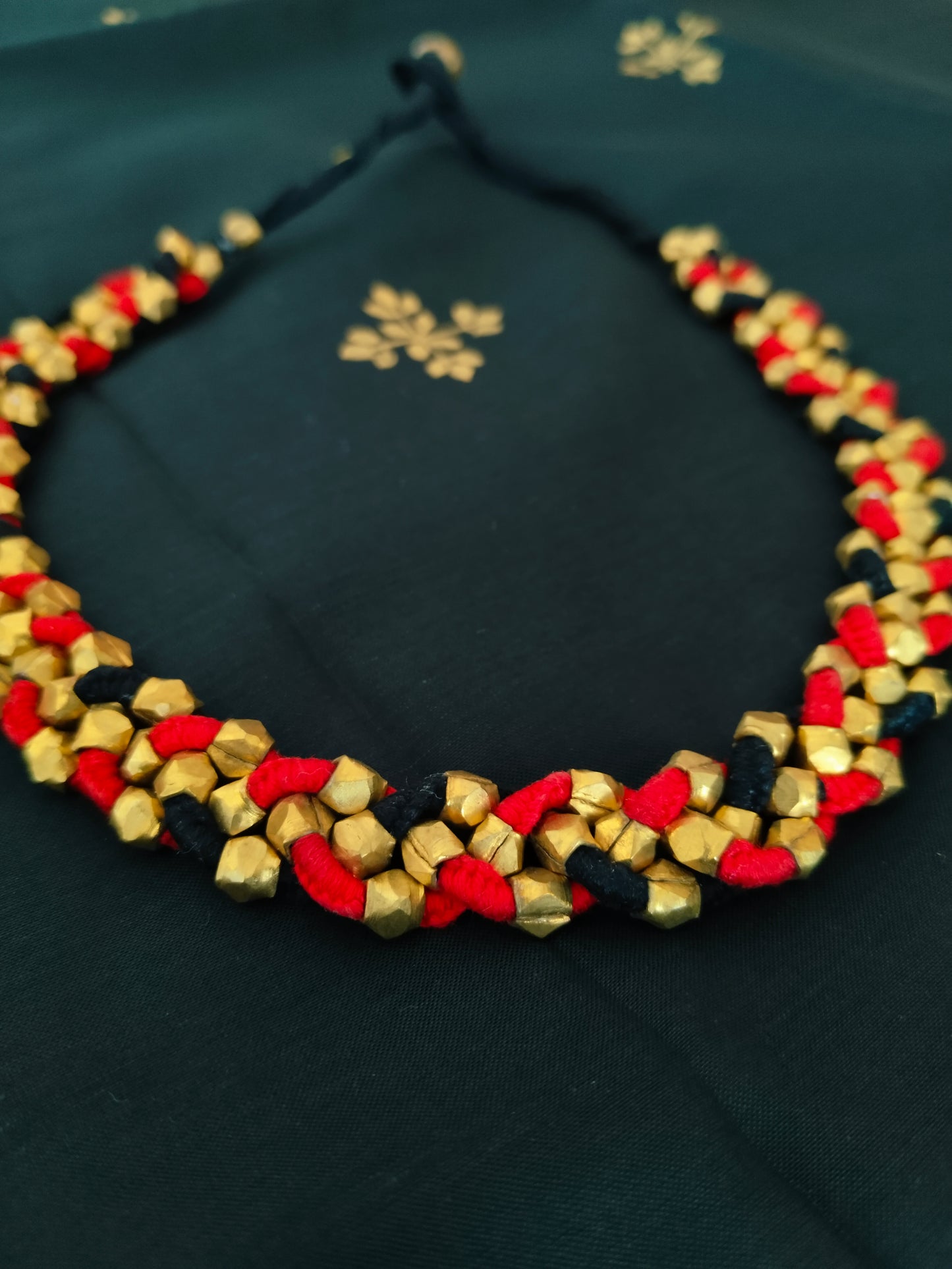 Handwoven Red & Black Thread Plaited Choker with Golden Beads