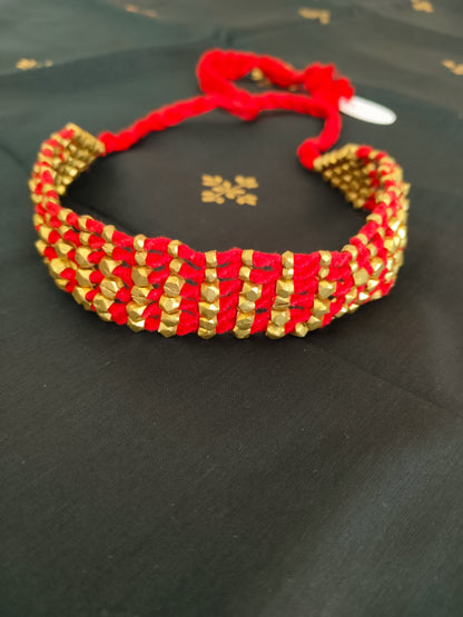 Bold Red Thread Maharashtrian Broad Choker with Golden Beads