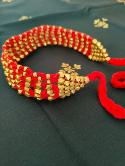Bold Red Thread Maharashtrian Broad Choker with Golden Beads