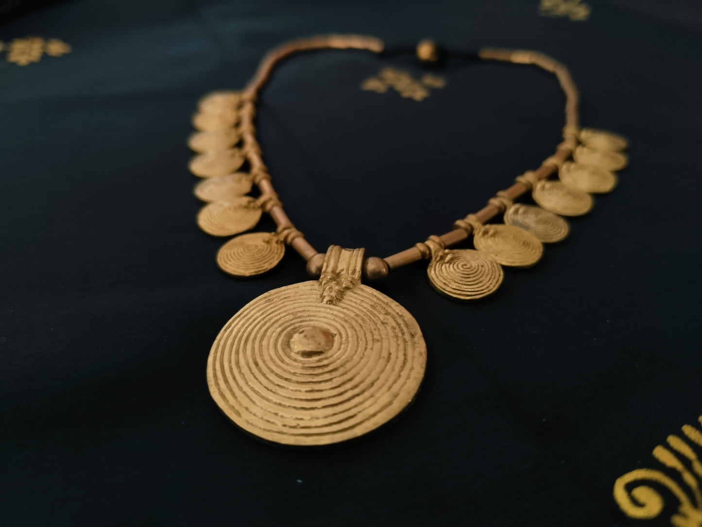 Sun pendant with small disks brass necklace