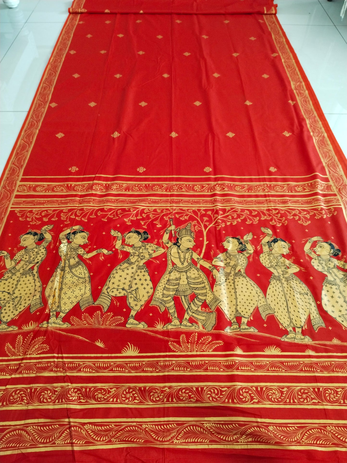 Mulberry Silk Krishna Leela Hand- Painted Silk Cotton Designer Saree
