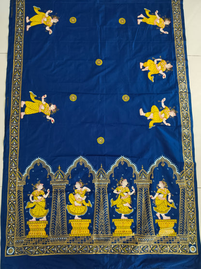 Blue and Gold Mulberry Silk Dancer Hand-painted Patachitra Saree