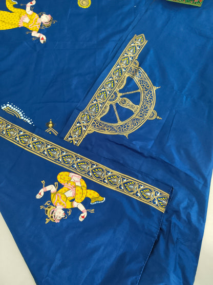 Blue and Gold Mulberry Silk Dancer Hand-painted Patachitra Saree