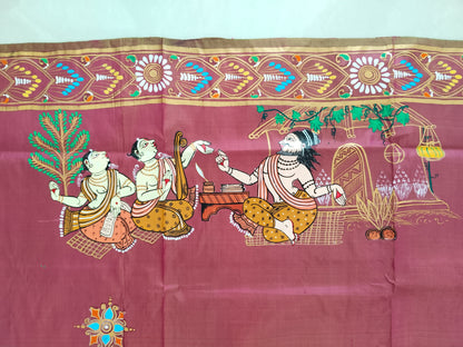 Dual Color Mulberry Silk Ramayana Hand-painted Saree