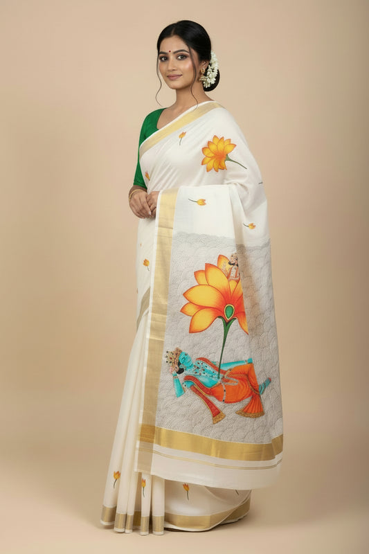 Hand-painted Kishna Anantshayan Kerala Cotton Designer Saree - Pichwai Style