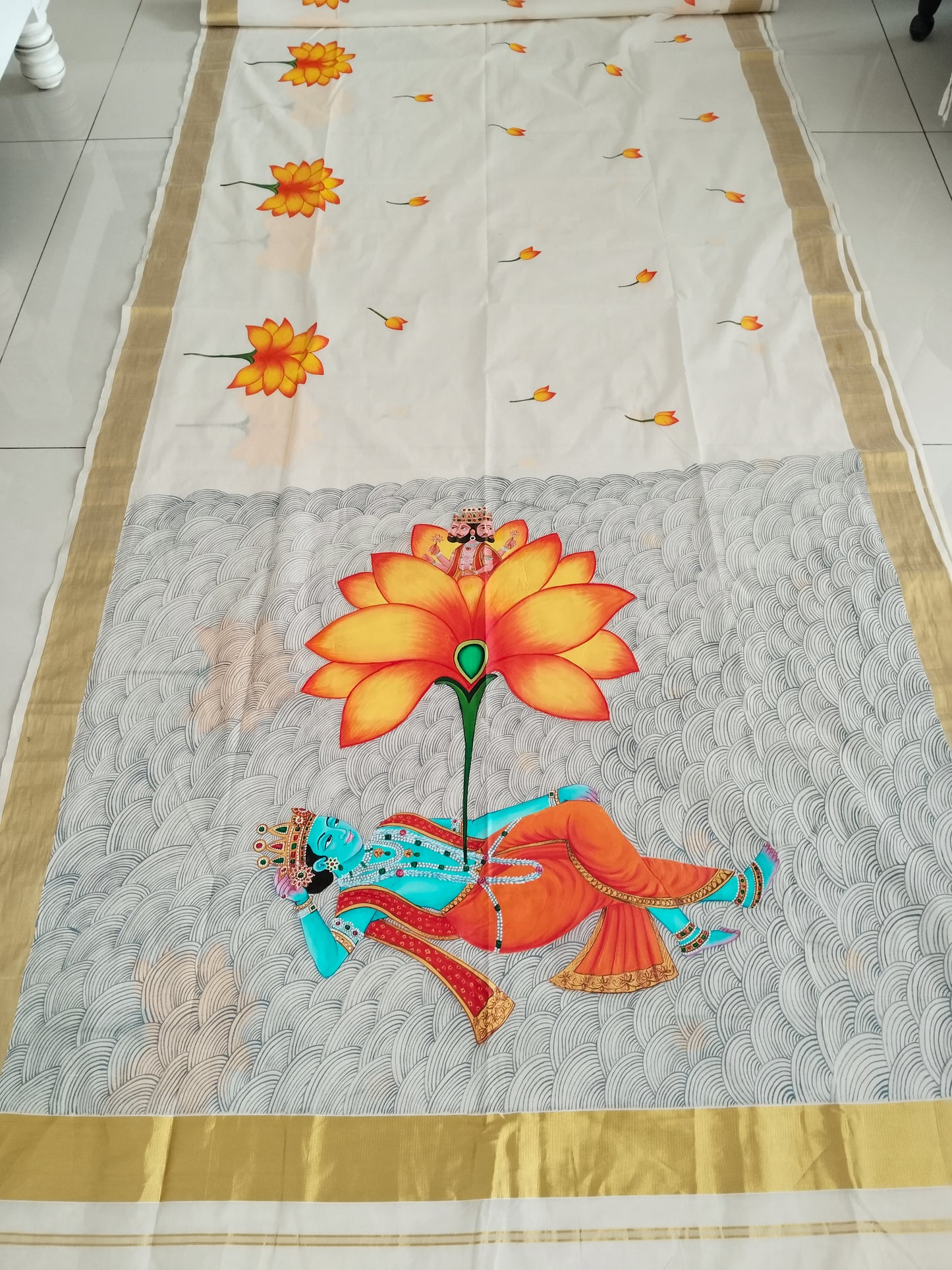 Hand-painted Kishna Anantshayan Kerala Cotton Designer Saree - Pichwai Style