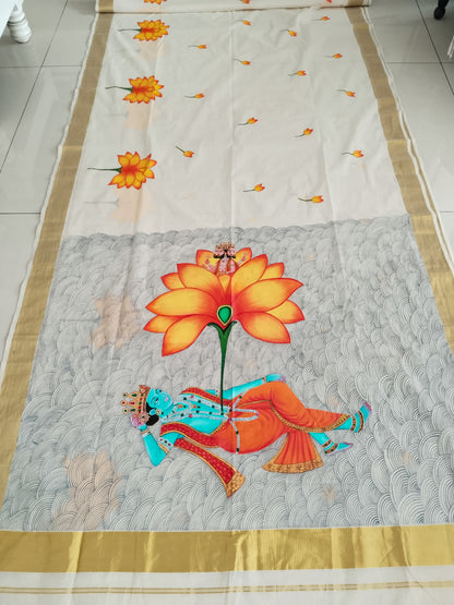 Hand-painted Kishna Anantshayan Kerala Cotton Designer Saree - Pichwai Style