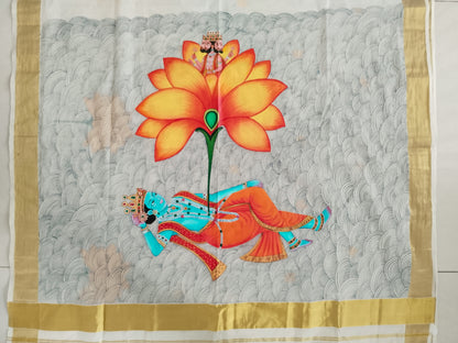 Hand-painted Kishna Anantshayan Kerala Cotton Designer Saree - Pichwai Style