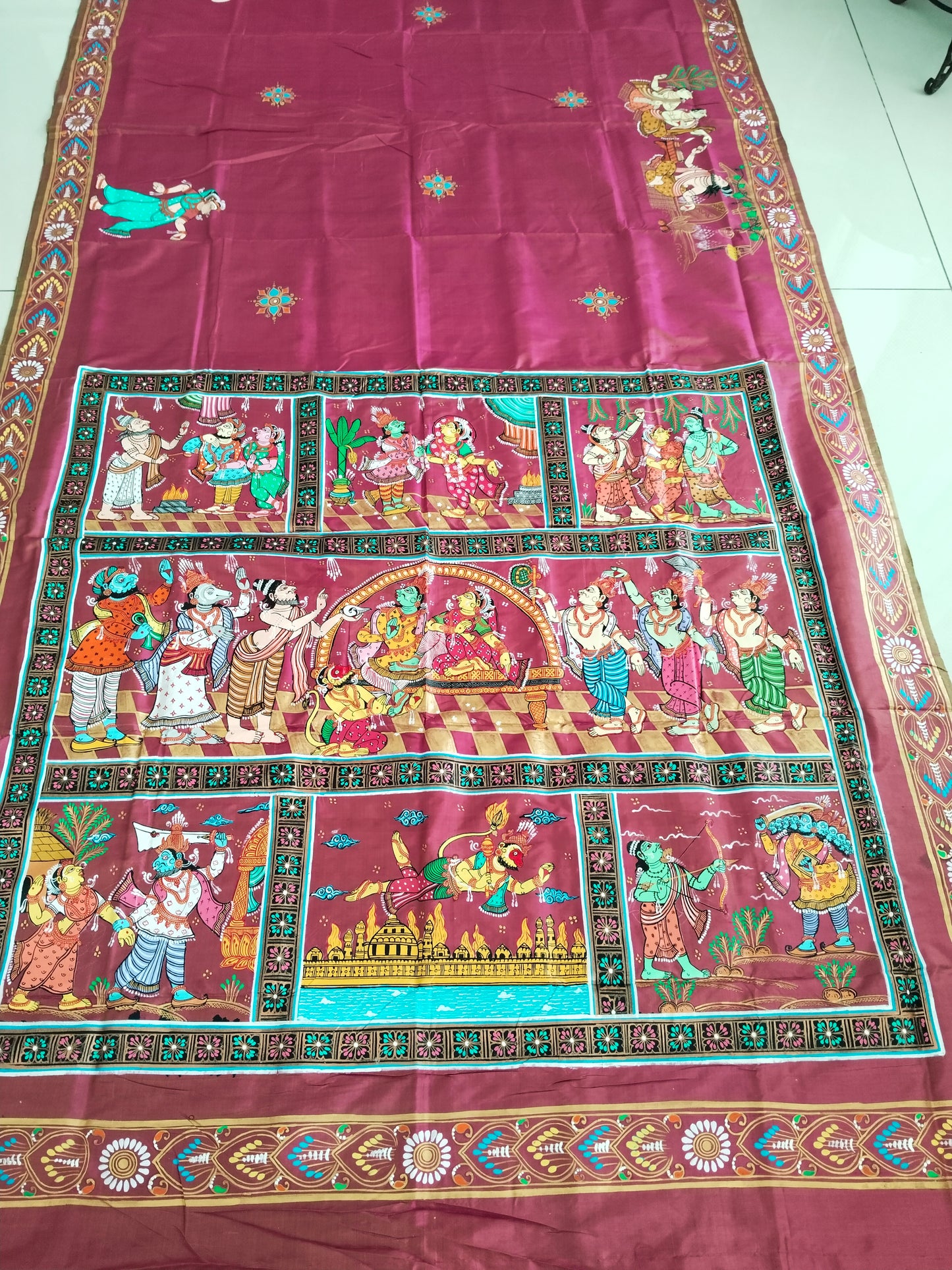 Dual Color Mulberry Silk Ramayana Hand-painted Saree