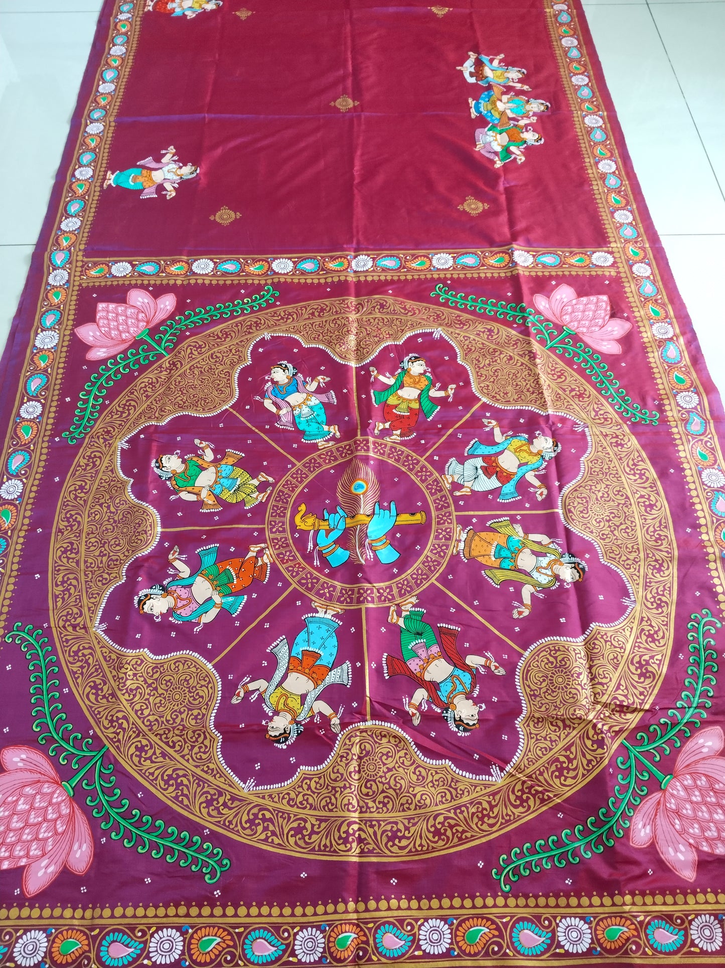 Dual Color Mulberry Silk Krishna Leela Hand- Painted Designer Saree