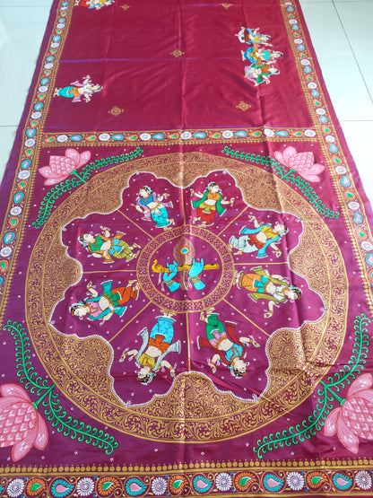 Dual Color Mulberry Silk Krishna Leela Hand- Painted Designer Saree