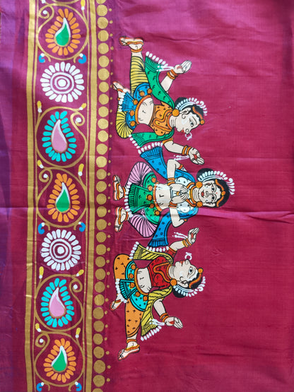 Dual Color Mulberry Silk Krishna Leela Hand- Painted Designer Saree