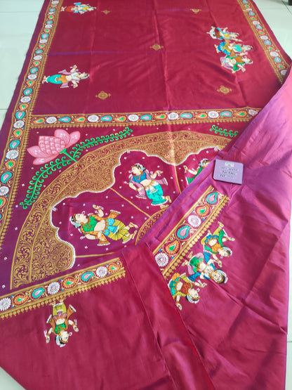 Dual Color Mulberry Silk Krishna Leela Hand- Painted Designer Saree